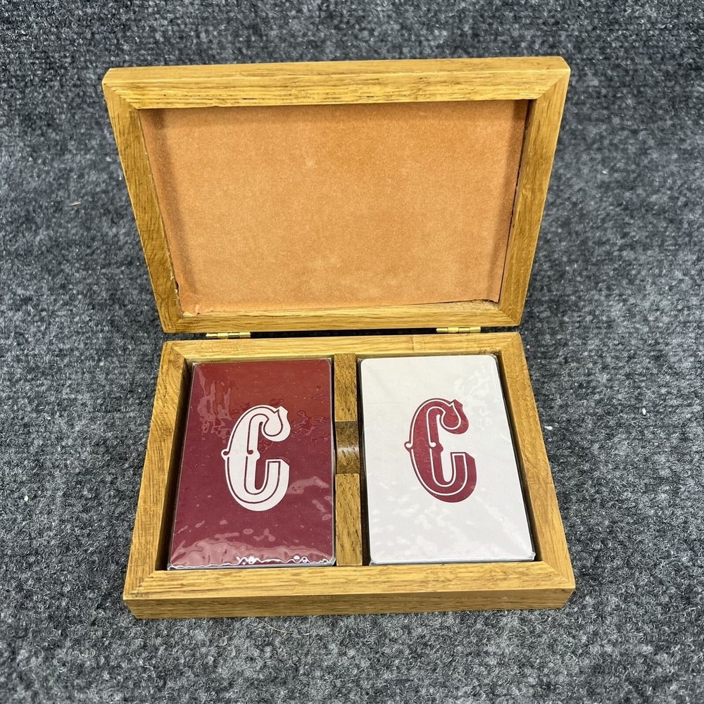 Two New Decks Of Sealed Litho Canada Letter C Playing Cards & Wooden Card Box